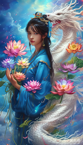 蓝衣神女手持七彩莲花与白龙在七彩天空中