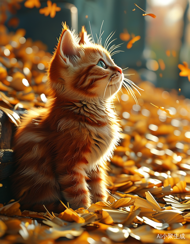 秋日阳光下的橘猫与金黄落叶的皮克斯风格画面