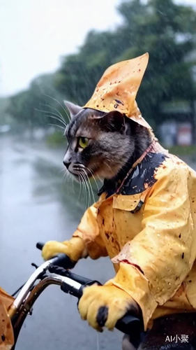 骑电动车的拟人化猫外卖员在雨中坚强送餐