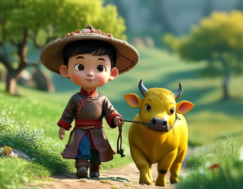 A cute Chinese boy wearing a traditional outfit, riding a yellow ox in the countryside, Pixar style, clean background, 3D cartoon, Amazing detail, Traditional Chinese landscape, green grass and trees, peaceful environment, High detail, Sharp focus, High resolution, 8K, 3D rendering.