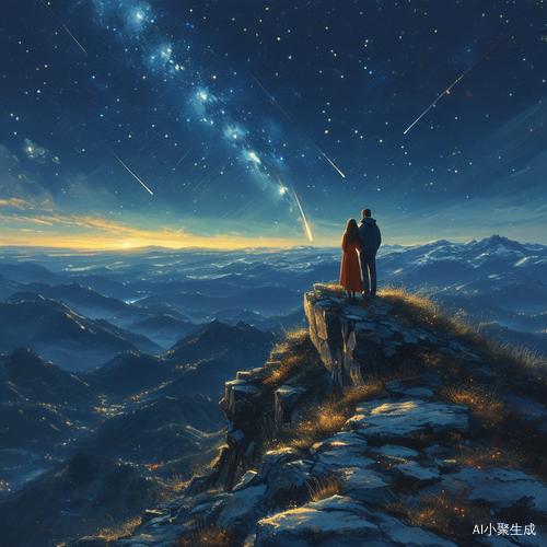夜晚山顶下的流星雨与一男一女的浪漫