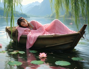 The beautiful girl lies on the boat, with willow branches hanging down from above and flowing water below her feet. She is dressed in a pink hanfu, lying by the river with lotus leaves floating beside it. The background features mountains, with an oil painting-style and exquisite details.