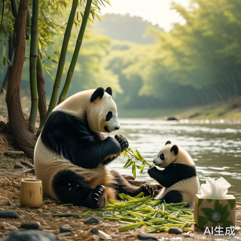 小河边熊猫亲子悠闲吃竹与诗竹纸巾相伴