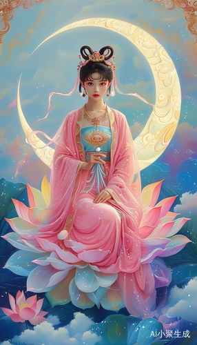 古风嫦娥粉衣坐七彩莲花手持弯月
