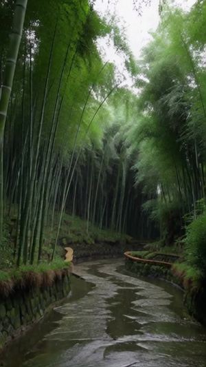 一片绿油油的竹林，中间有一条蜿蜒的小路，下着小雨