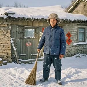 父亲在弯腰扫雪