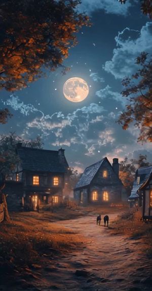 A Serene Moonlit Night in a Rural Village