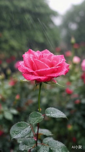 雨中摇摆的高清玫瑰花与朦胧花园