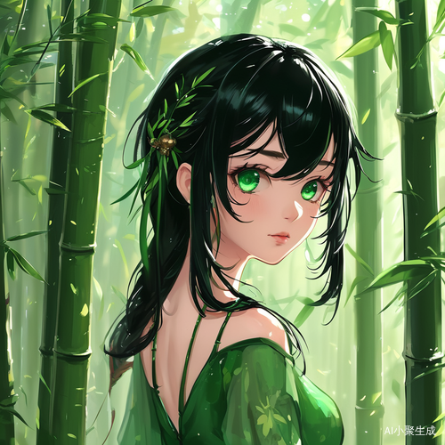 黑发绿眼女孩穿绿裙在竹林中