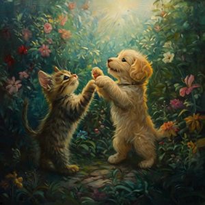 梦幻花园里的小狗小猫爵士舞