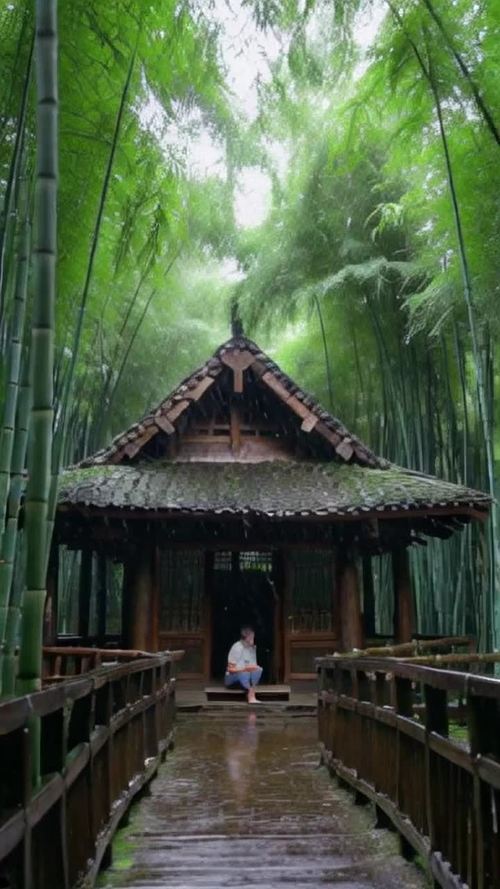 竹林木屋小径听雨治愈