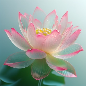 A lotus flower with transparent petals, a green core and pink edges, with pink petal edge embellishments, a glass texture effect, a pearl effect, on a white background, with a semi-transparent light yellow gradient in the middle of the flowers, as a super realistic digital art, with delicate details, water droplets on the flowers, sparkling dew drops, elegant lines, delicate curves, gorgeous and mysterious colors, and a sense of tranquility. in the style of .