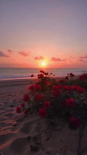 落日下的红色玫瑰花海   随风摇曳 浪漫沙滩