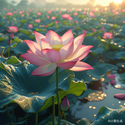 超高清治愈画系早晨太阳光荷花池塘