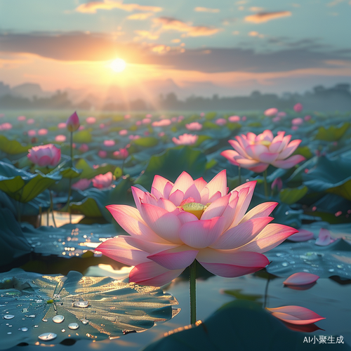 超高清治愈画系早晨太阳光荷花池塘