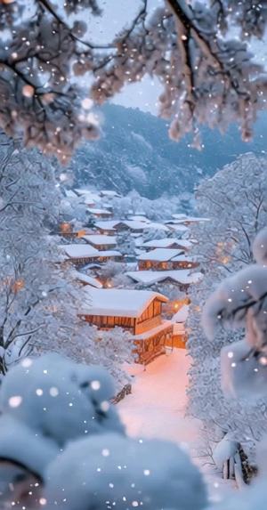 天空下着鹅毛大雪   远处灯火通明