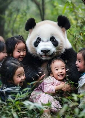 熊猫与孩子们的快乐互动时刻