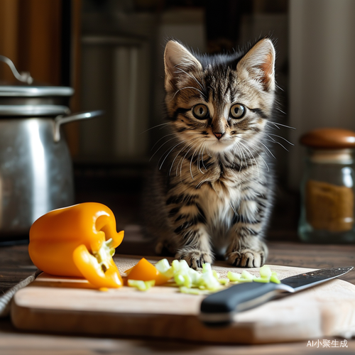 小猫在厨房帮忙切菜