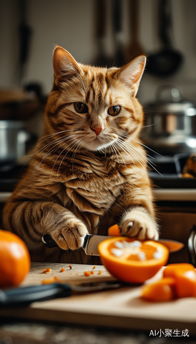 橘猫在厨房切菜的奇妙瞬间