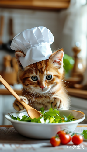 小橘猫厨师在明亮厨房中拌沙拉