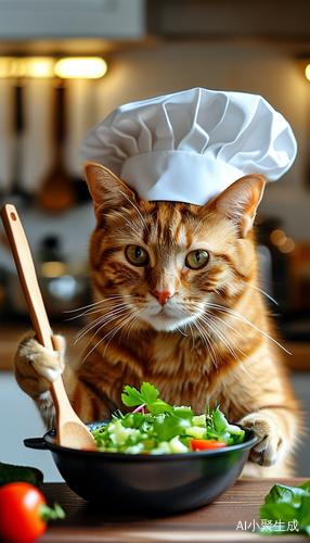 橘猫厨师在明亮厨房中拌沙拉菜