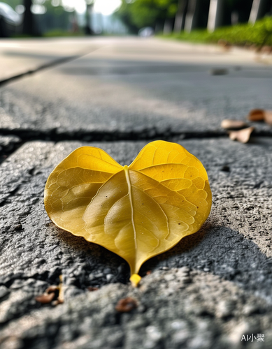 黄色心形叶子在柏油路上的自然光拍摄