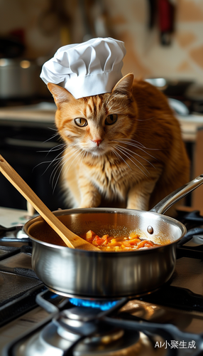 橘猫厨师在明亮厨房里烹饪美味