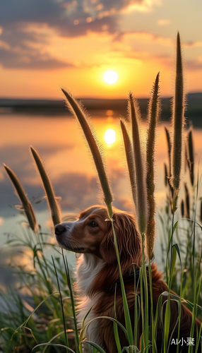 夕阳湖泊映照下的狗尾草自然摄影