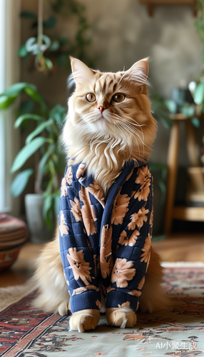 俯视波斯猫穿着睡衣在家居环境中的照片