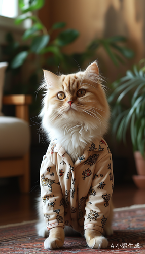 波斯猫拟人穿睡衣在家居中立姿展示