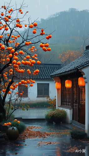 秋天傍晚江南小院阴雨柿子熟了