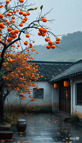 秋天傍晚江南小院阴雨柿子熟了