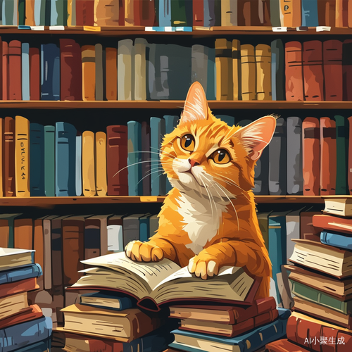 橘色猫在图书馆翻书的可爱场景