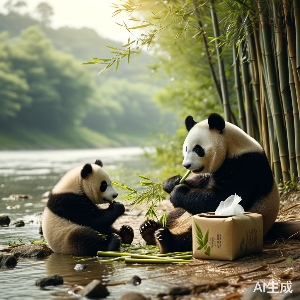 小河边熊猫亲子闲暇时光与竹纤维纸巾
