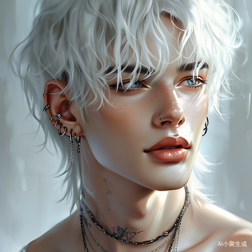 幻想绘画风格男性白发特写极致精致插图