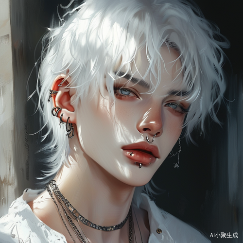 幻想绘画风格男性白发特写极致精致插图