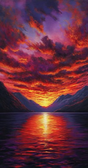 夕阳下火烧云的炽烈景色映衬湖面波光