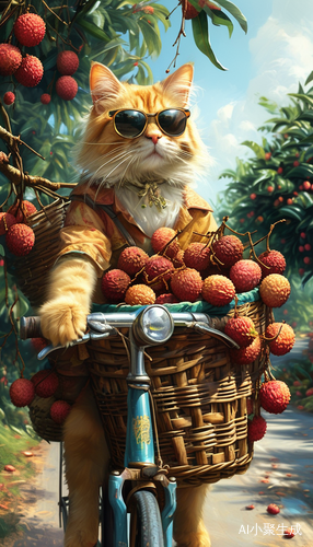 金黄色猫骑车载荔枝穿行在荔枝树间