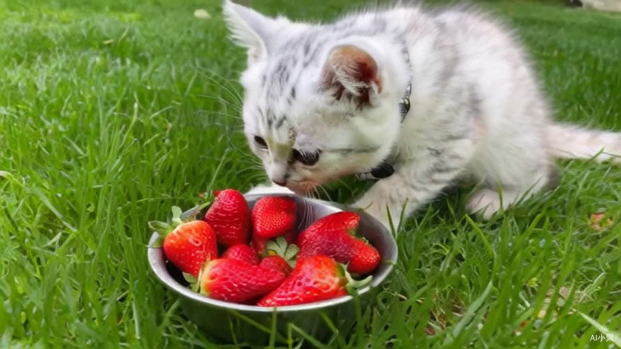 小猫在绿油油的草地上吃着草莓🍓