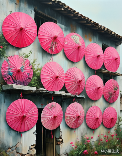 粉红色雨伞与奥库艺术的浪漫在中国村庄的独特融合