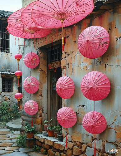 粉红色雨伞与奥库艺术的浪漫在中国村庄的独特融合