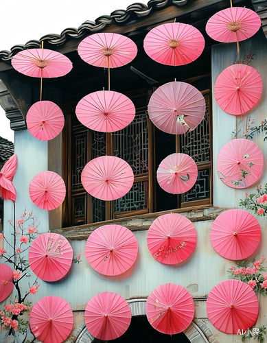 粉红色雨伞与奥库艺术的浪漫在中国村庄的独特融合