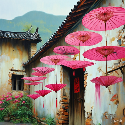 粉红色雨伞与奥库艺术的浪漫在中国村庄的独特融合