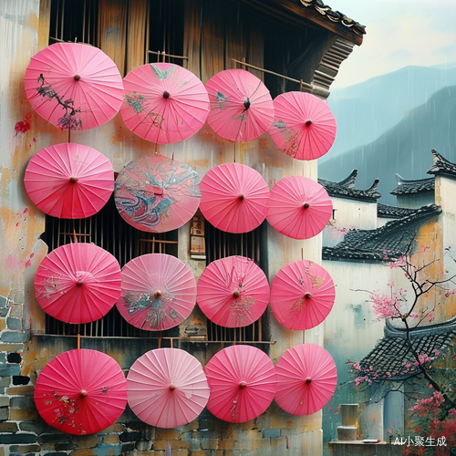 粉红色雨伞与奥库艺术的浪漫在中国村庄的独特融合