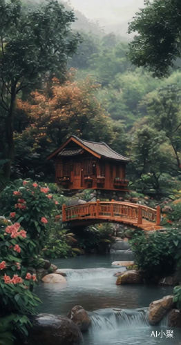 宁静山水间的木屋与花海风景