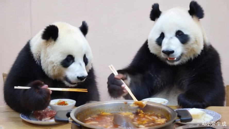 两只熊猫用筷子吃火锅的趣味场景