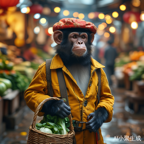 时尚猴子携菜篮逛热闹市场购菜
