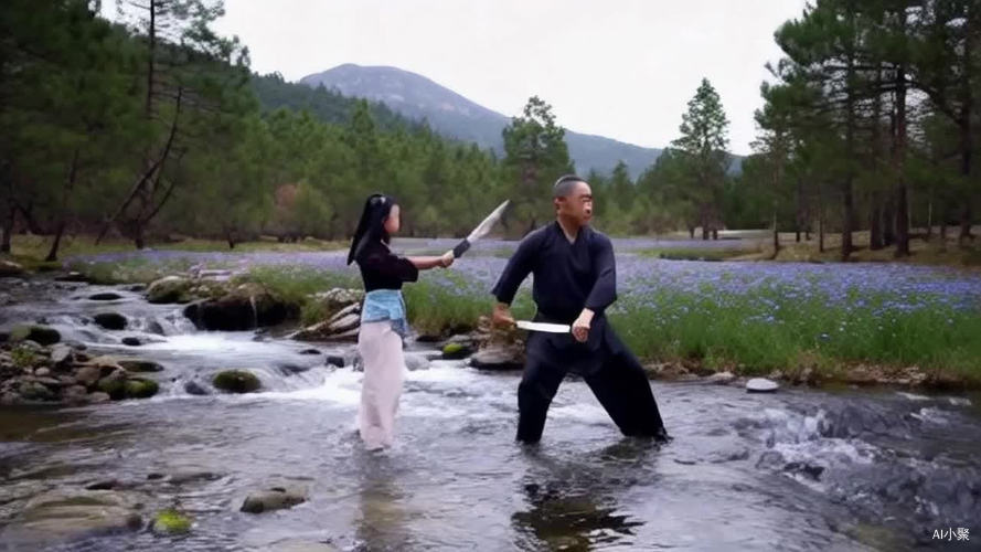 在松林鲜花盛开高山流水旁，一个老武术师和一↑女徒儿在舞劍，流水哗啦啦响