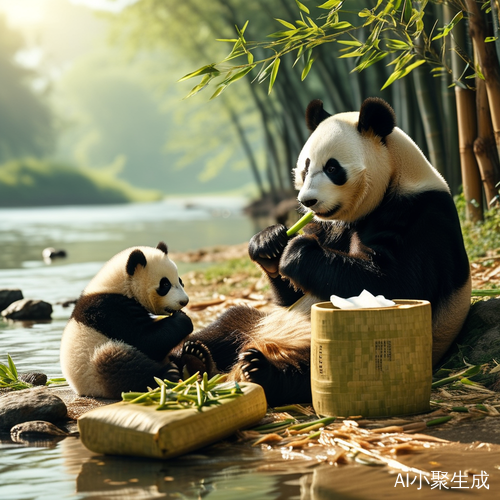 小河边的大熊猫与小熊猫悠闲吃竹子