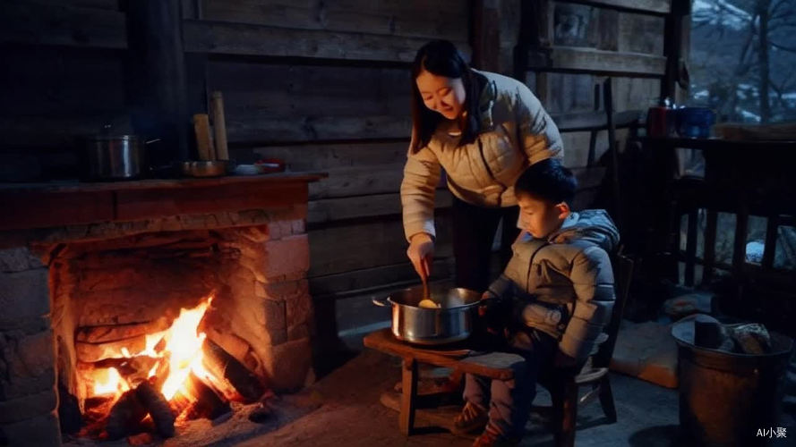 宁静的小山村，有一位母亲正在为儿子做饭。